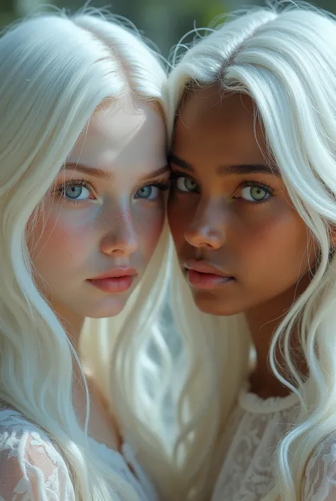 Girl with albino hair and girl with brown skin and albino hair 