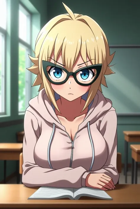 screenshot of my hero academia, light blonde hair,  bright blue eyes, (((oversized cat-eye glasses))), busty hoodie, slim with huge breasts, ((huge sexy breasts)), sitting at a table in a classroom, with his cold gaze, skirt