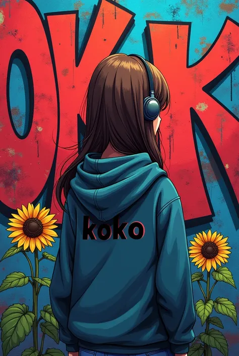  back view, 赤と青の落書きアートの前に立っている,Earphones,  1 girl , Long Hair, Brown Hair, Halftone Style,Standing in front of the red and blue graffiti art with koko written on the back of the hoodie ,sunflower,