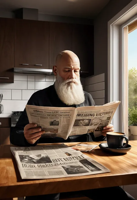 a bald man with a long white beard, drinking coffee and reading a newspaper, sitting in a modern kitchen, detailed portrait, realistic, photorealistic, 8k, high quality, cinematic lighting, warm color tones, chiaroscuro, dramatic shadows, intricate details...