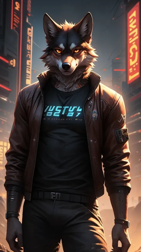 SFW, (((1 male))), ((Anthro brown mountain wolf)), mature male, (anthro, fluffy fur), body fur, ((wolf eyes)), detailed amber eyes, half shut, (((detailed eyes))), cybernetics on face, design inspired by cyberpunk 2077, cyberpunk 2077 jacket, punk t-shirt ...