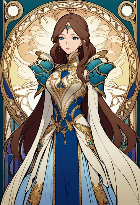 slender, mature female, 1girl,  with long, flowing brown hair and striking blue eyes, stands gracefully.  Her expression is serene, almost regal.  She wears a ornate outfit combining elements of elegant armor and flowing fabric.  Gold accents and intricate...