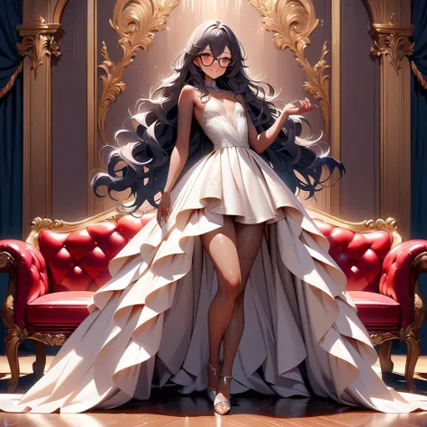 trans woman ((Adult transgender women)): Trap, Otoko no ko; dress pleated skirt; strapless top; brown eyes; ((eye glasses)); showing the whole body; brown skin; Black long wavy hair; High heels silver sandals. High quality. 4k, 8k, many details. Blushing. ...