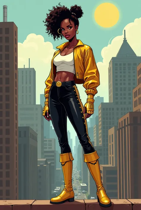 illustrate an African super heroine, tika sumpter look alike, with short curly hair pulled back in a pony tail. She poses confidently atop a building ledge over looking a crime ridden city. She wears a short gold jacket with the sleeves rolled up, over top...