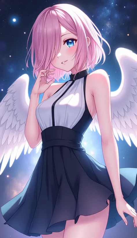 Anime art style, classy appareance, female character, light pink short hair covering one of her eyes, light blue eye, pale skin, white and black sleevless dress with long neck, with angel wings, galaxy background