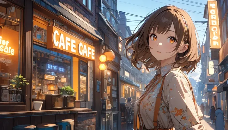 background： Exterior of a retro cafe 、 A small sign is displayed on the brick wall。  
expression：目を輝かせながらカフェを見つめるexpression。  
Costume： Blouse and slim pants 。  
 pose：Stop in front of a cafe 、 Lightly stretched out 。  
scene：( brown-haired girl with headp...