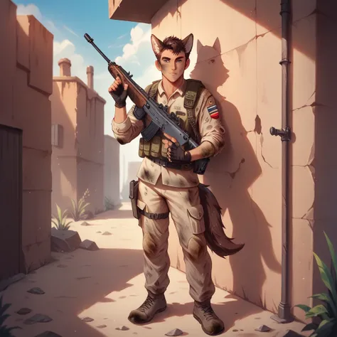 Male_Soldier, Brown hair, ((Wolf ears)), Blue eyes, Dirty, Desert coloured military outfit, backpack, Holding an M4 Assualt Rifle, leaning against a wall in an alleyway in a desert town