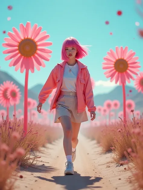 real photograph, 18 years old Jpop girl that has a y2k vibe with pink bob hair and surrounded by candy, pretty face, running through a barren desert where mechanical flowers bloom from the ground. Each flower opens with a faint hum, revealing glowing circu...