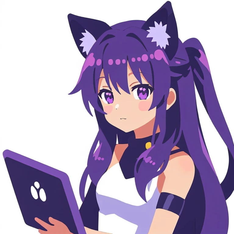 超A high resolution, NFFSW, Best-aesthetic, Best quality, masutepiece, IK1、Im using a computer、1girl in、Emerald jacket、Cartoon bones、Purple-haired anime girl, Anime moe art style, Flat anime style, cute anime catgirl, nekomimi, Anime girl with black cat ear...