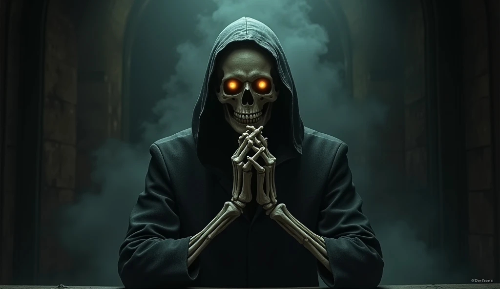 Skeleton sitting in a dark room, posed with hands clasped together in front of its face, mimicking a classic strategist or mastermind pose. The scene has a mysterious and intimidating atmosphere, with faint glowing eyes that pierce through the shadows. The...