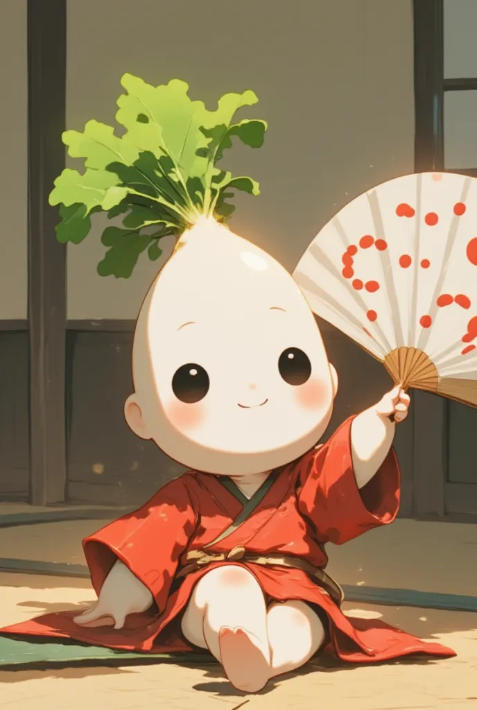 chibi character、 chubby face、 white turnip radish with a rounded face  、  top knot hair like a green leaf  、black circle eyes、  ...