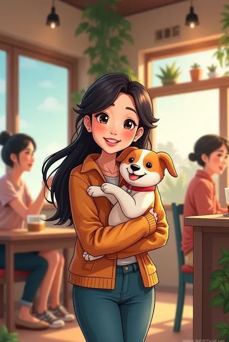 Draw a cartoon image of the star Liu Yifei holding a puppy in a coffee shop， and type the words “Avatar Himself” in cartoon characters at the top of the screen