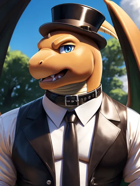 Solo, Male, fat, extremely obese, gentleman, dapper Professor Dragonite, blue eyes, wearing a top hat, wearing a glossy leather collar, wearing the leather collar and necktie at the same time, giant penis, giant testicles, massive orgasm, sperm everywhere,...