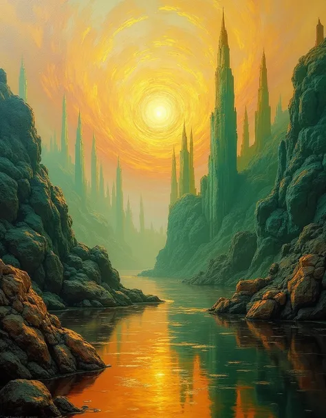 (photorealism:1.2), Amber and emerald translucent crystal mountains wide landscape by Canaletto, Osmar Schindler and Anthony Casay, Bastien Lecouffe Deharme and Alphonse Mucha, hyperdetailed oil on canvas, iridescent, depth of field, HDR, Complex geometric...