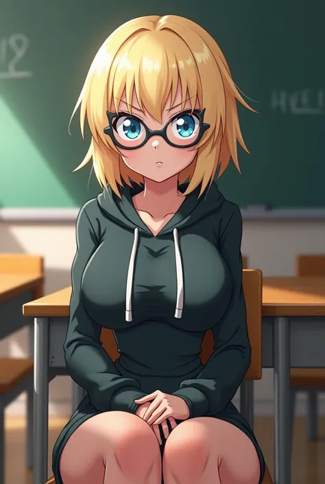 screenshot of my hero academia, light blonde hair,  bright blue eyes, (((oversized cat-eye glasses))), hoodie, slim with huge breasts, ((huge sexy breasts)), sitting at a table in a classroom, with his cold gaze, skirt