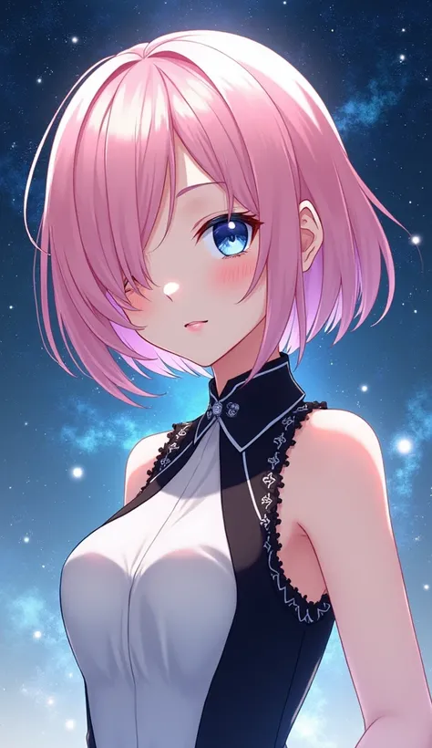 Anime art style, classy appareance, female character, light pink short hair covering one of her eyes, light blue eye, pale skin, white and black sleevless dress with long neck, elegant expression, galaxy background