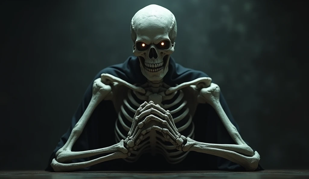 Skeleton sitting in a dark room, posed with hands clasped together in front of its face, mimicking a classic strategist or mastermind pose. The scene has a mysterious and intimidating atmosphere, with faint glowing eyes that pierce through the shadows. The...