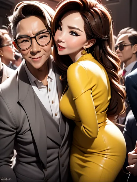 A beautiful woman wearing a revealing skirt suit, her elderly husband hugged and kissed her from behind in the crowded crowd, UHD, masterpiece, textured skin, super detail, best quality, 8k.