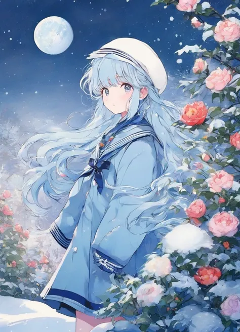  best quality, expensive_resolution,  clear_image,  detailed background , girl, flower,garden,moon,masterpiece),  best quality,  light blue hair ,  girl, Colorful Sailor Suit，cute ****, beautiful, snow, ❄️, winter, face,