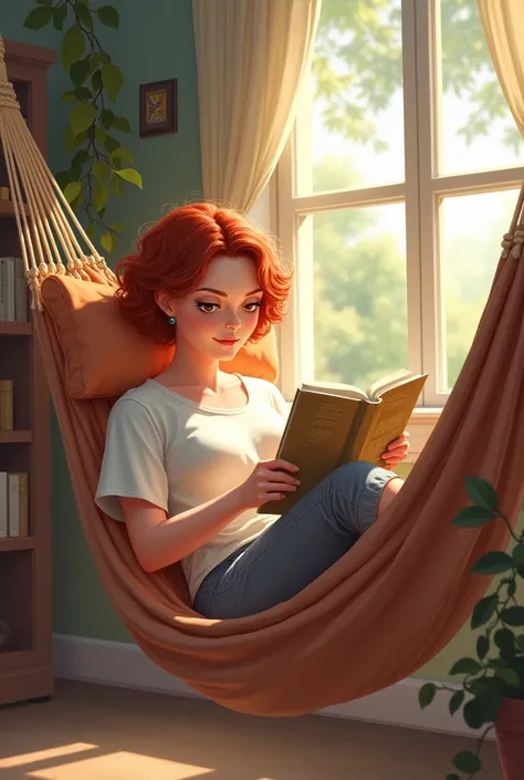 Illustration of fat white woman with short curly red hair with honey eyes reading in a hammock at home 