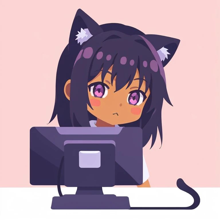 超A high resolution, NFFSW, Best-aesthetic, Best quality, masutepiece, IK1、Im using a computer、1girl in、Emerald jacket、Cartoon bones、Brown skin tone、medium color skin、Purple-haired anime girl, Anime moe art style, Flat anime style, cute anime catgirl, nekom...