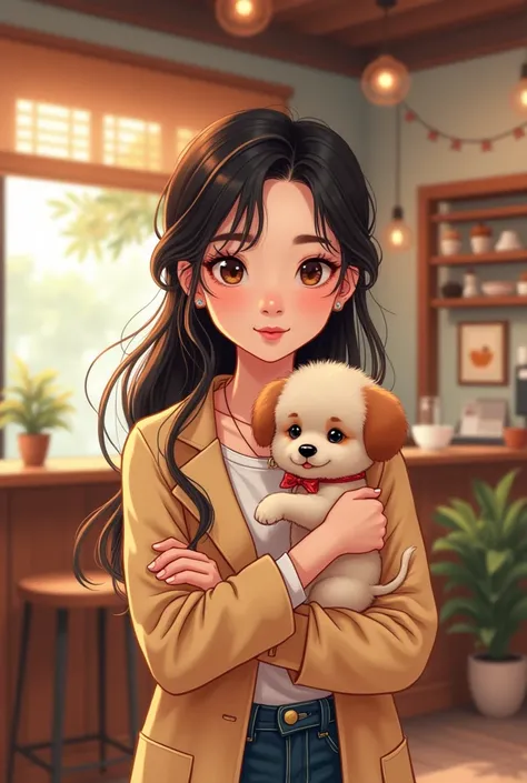 Draw a cartoon image of the star Liu Yifei holding a puppy in a coffee shop
。At the top of the picture ， type the four words “Avatar Himself” in cartoon characters。