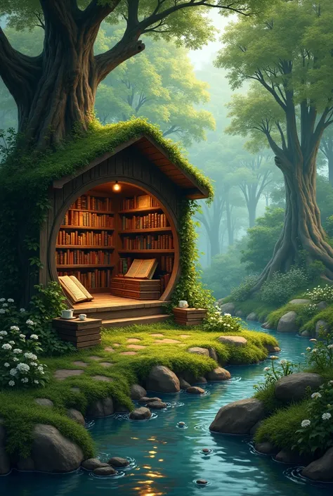 Book nook of a simple forest with a river.