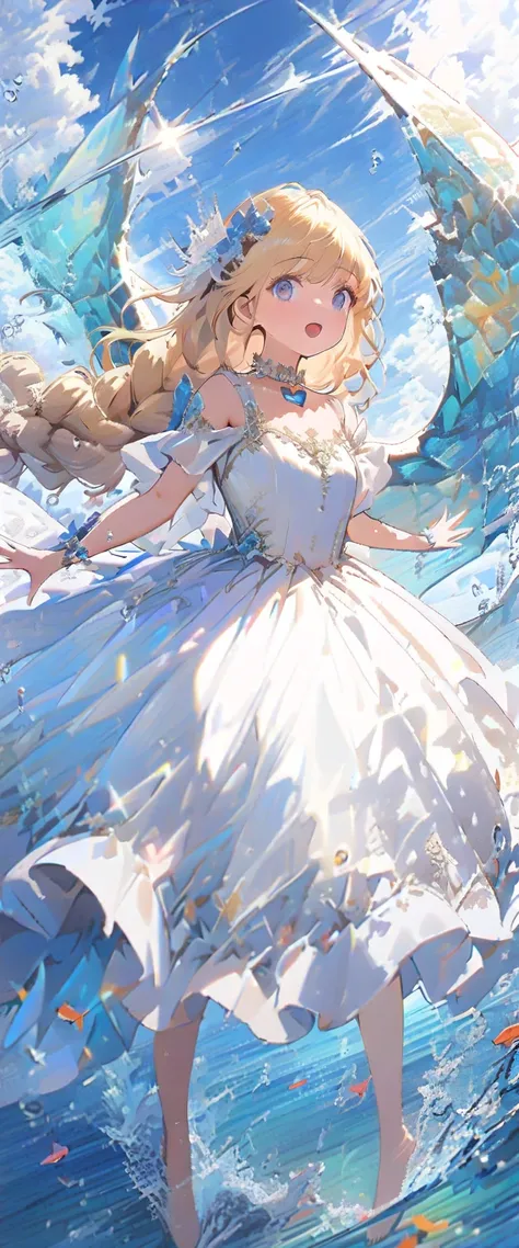 1 woman((siren), The lower part of the body is a fish , Beautiful reflective prism at scale , Beautiful reflective tail fin prism ,princes,beautiful,cute,age of 20 years, long braided hair ,blonde,( singing a beautiful song :1,4), ocean blue eye color , bi...