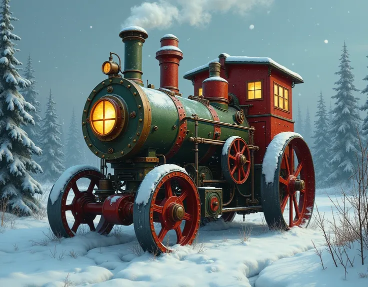 (photorealism:1.2), detailed portrait of a Steampunk christmas maker engine in a winter landscape, realistic shaded perfect, fine details. realistic shaded lighting by Mark Ryden Tom Bagshaw and Canaletto, Remedios Varo Steampunk, Charles Addams, ice cogs ...