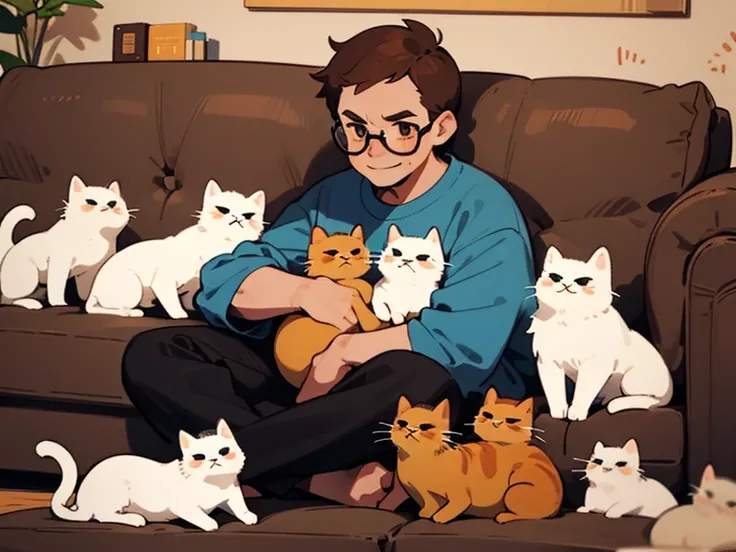 (Happy) cats in the lap of an angry  middle-aged man, balding, ((brown hair with glasses)) , cartoon, 2d, living room, sitting on couch, cats all around, cat in my lap, 