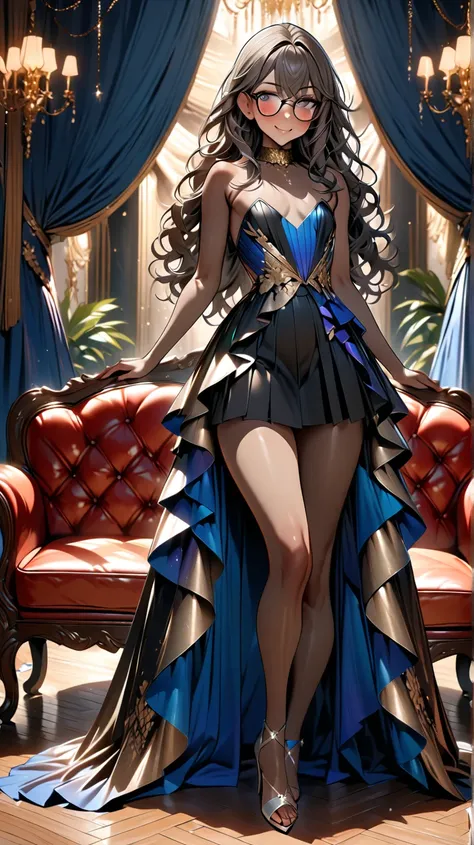 trans woman ((Adult transgender women)): Trap, Otoko no ko; dress pleated skirt; strapless top; brown eyes; ((eye glasses)); showing the whole body; brown skin; Black long wavy hair; High heels silver sandals. High quality. 4k, 8k, many details. Blushing. ...