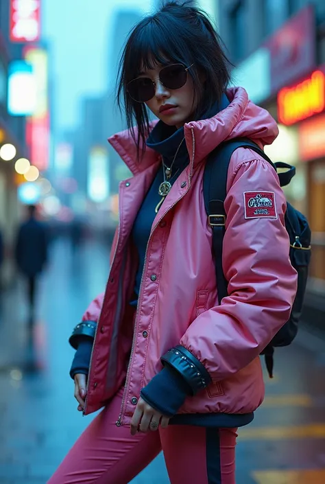 full body gritty techwear tokyo gutterpunk street fashion woman  by bernie fuchs, light pink and blue color scheme, makoto shinkai, movie poster krenz cushart, award - winning photography