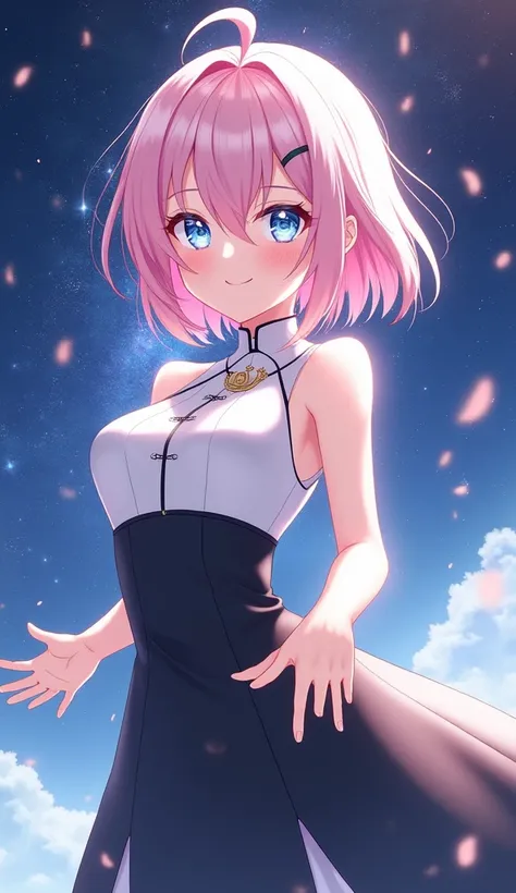 Anime art style, classy appareance, female character, light pink short hair covering one of her eyes, light blue eye, pale skin, white and black sleevless dress with long neck, elegant happy expression, extending her hands like asking you to go with her, g...