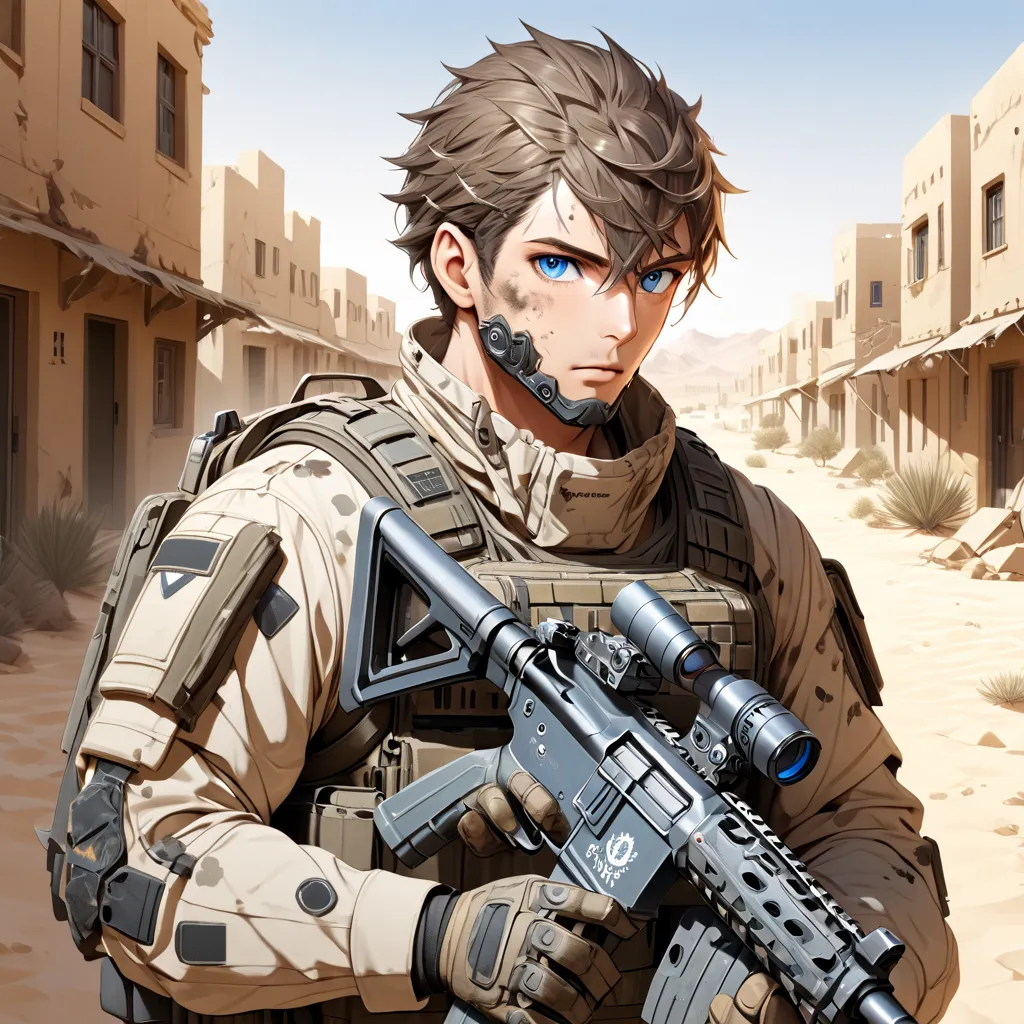 adult_male_soldier with alpha_wolf_ears, brown hair, blue eyes, dirty, desert military outfit, backpack, holding an m4 assualt r...