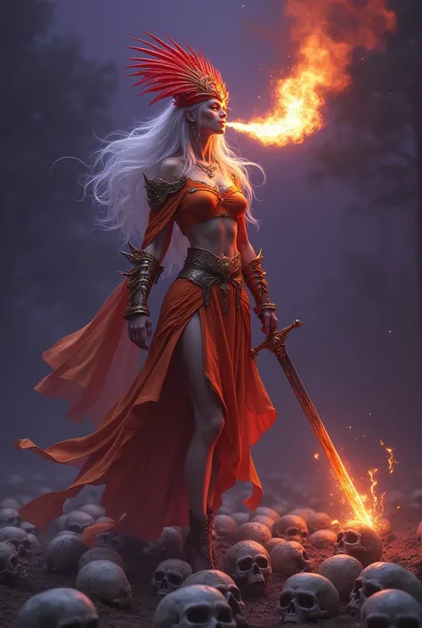 A digital artwork of a white woman with long hair, slender warrior with a unique red crown, very faithful and looking fragile, she wears open heels with orange armor,  spitting fire out of his mouth,  holding a sword , standing on skulls , a dark purple ba...