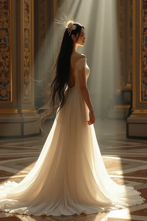 woman with long black hair in a beautiful long dress standing in a palace and wearing an ornament in her hair