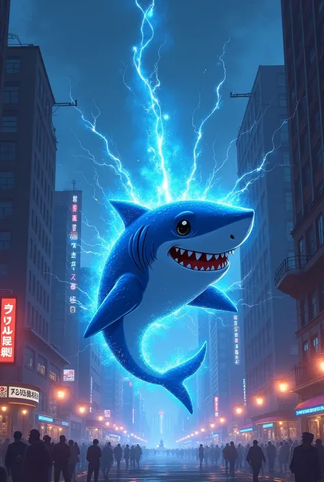 A cute blue shark expelling energy rays from the body in a city, at night
