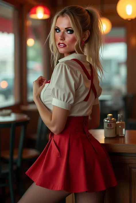 alluring waitress, very long honey blonde hair, hair tied over one shoulder, amber eyes, perfect face, perfect skin, perfect hands, perfect legs, blood red lips, glossy red pointed manicure, (suggestive smile: 1.8), (gazing at viewer), sexy confident gaze,...