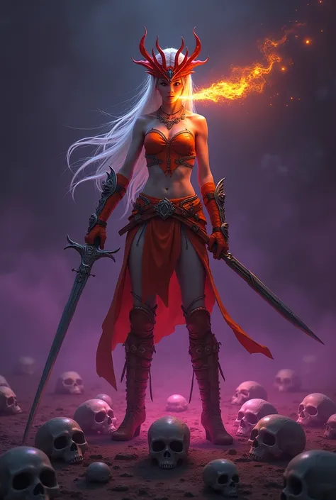 A digital artwork of a white woman with long hair, slender warrior with a unique red crown, very faithful and looking fragile, she wears open heels with orange armor,  spitting fire out of his mouth,  holding a sword , standing on skulls , a dark purple ba...