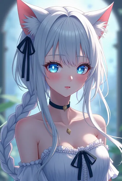 Create an anime girl with white hair, sky blue eyes, with tied hair and a braided tail with a braided tail, and her eye pupils are like those of a cat, but the shape of an elongated diamond.