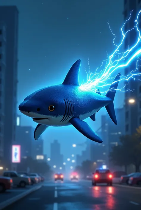 A small blue shark expelling energy rays from the body in a city, at night
