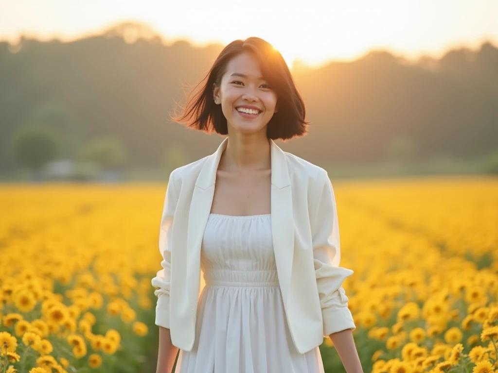 positive、Walking facing forward 、smile、 seems to be having fun、 25 year old woman、 black hair、 Very Short、 short bob、 White Dress 、White jacket、 Full body image from foot to head、 Sun shining in the background 、 Colorful flower fields in the background 、 b...