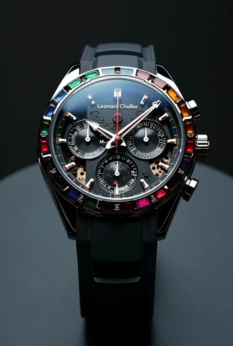 Create an image 
Of a luxury watch that has as its mechanism the engine of the Kawasaki ninja H2R ,  colors of gemstones of the same color as the motorcycle that has the name of the brand 
Leonard Challar 
