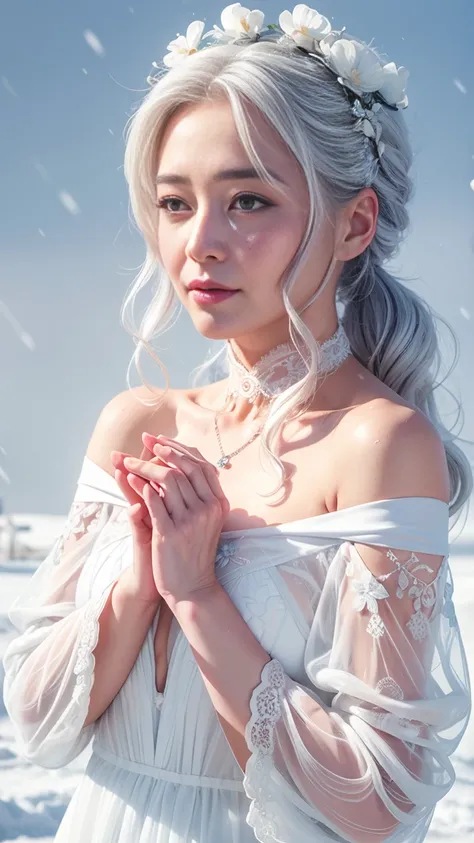 1girll,(Snow,Ice), snowflower, In winter, White hair, Shiny hair, Wavy hair, Transparent clothes, frilld, Lace, Wet clothes, Off_Shoulder, hair scrunchie,Masterpiece, Telephoto lens, absurderes, Exquisite facial features,Flat Chest,