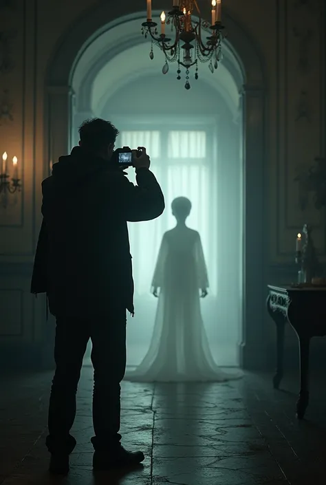 A photographer taking a picture of an ethereal gray little ghost boy  silhouette , in a mansion room 
