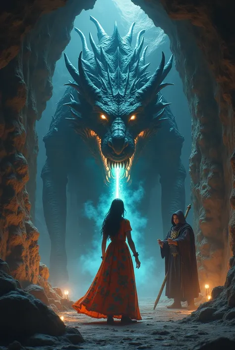 create image of:
officer(   girl wearing a flower-printed dress )and the guardian  ( a wizard ) came to a dark cave .  Inside the cave was a dragon that was feeding the dark force.