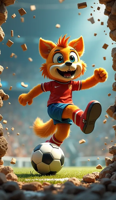 Official mascot of the 1982 FIFA World Cup in Spain ,  kicking a ball pretending to shoot it against the screen and the screen breaks into pieces.