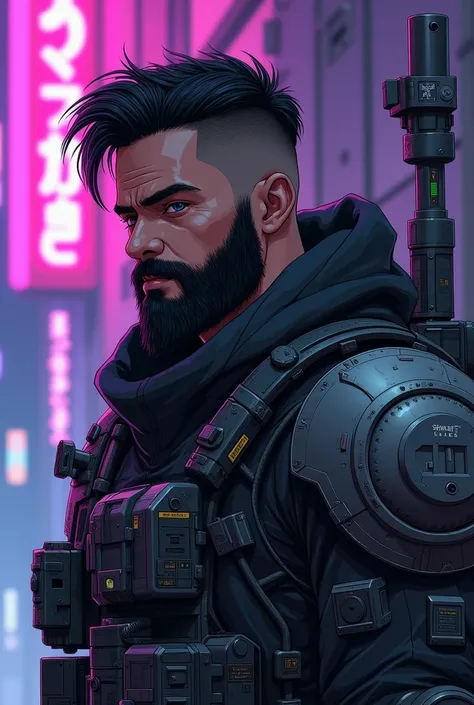 Futuristic soldier with a beard , latino,  without a helmet on a Cyberpunk background with neon violet lights ,  with halo-like armor and a worn hood similar to Megatron in the Michael Bale movies Revenge of the Fallen looking slightly to the right, with a...