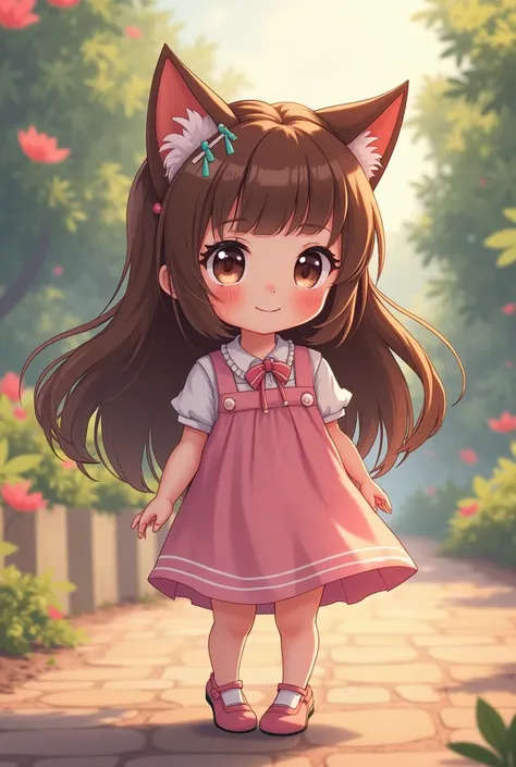  best quality,  high definition ,  1 girl ,  ,  toddler figure , Lori,  Long Hair, Brown Hair, Cat ears,  anime style,  Illustration , 