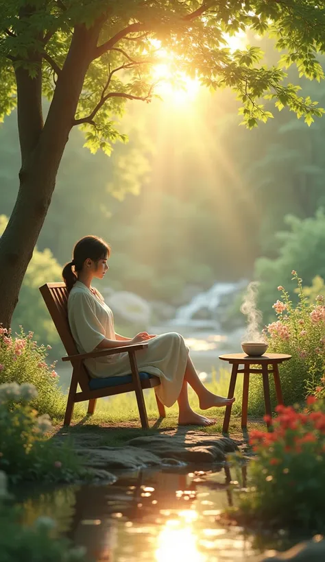 resting chair ,  in a tranquil outdoor setting ,  surrounded by green trees and colorful flowers . The sun is setting,  creating a soft, golden light that gently illuminates the persons face .  She is wearing light and simple clothes ,  with bare feet ,  e...